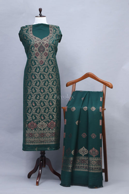 Royal Green Motif Zari Woollen Suit Set