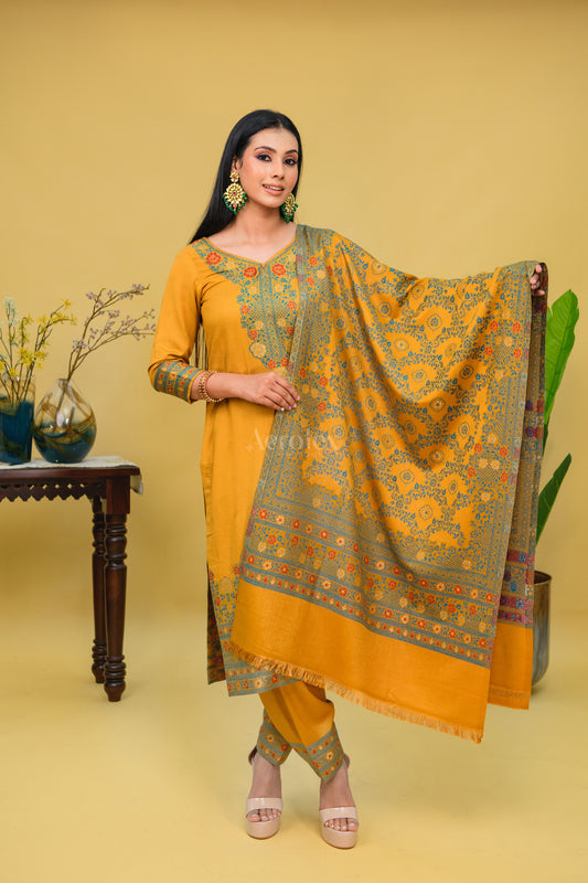 Mustard Yellow Floral Unstitched Kani Suit Set