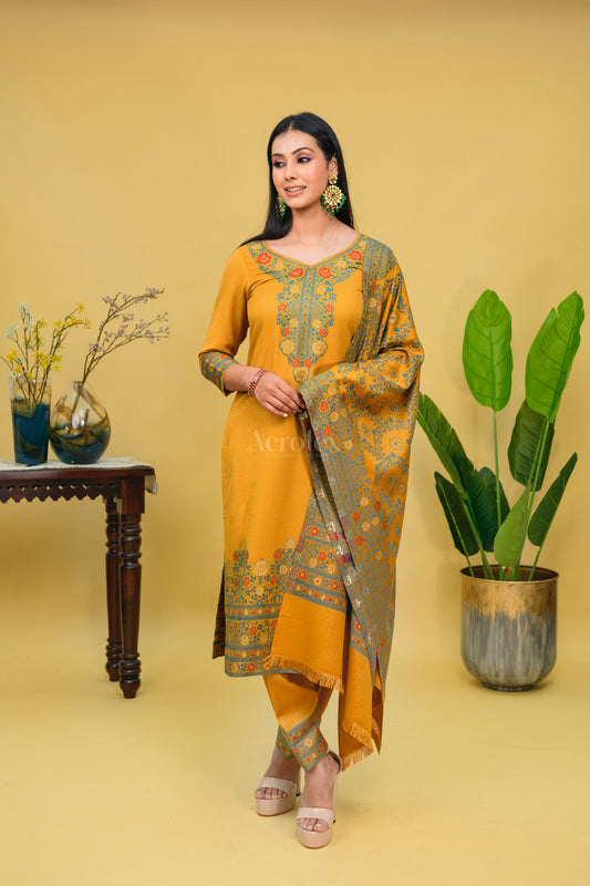Mustard Yellow Floral Unstitched Kani Suit Set
