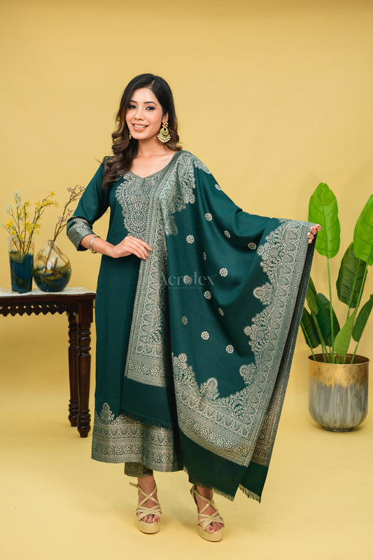 Royal Green Zari Fancy Woollen Suit Set