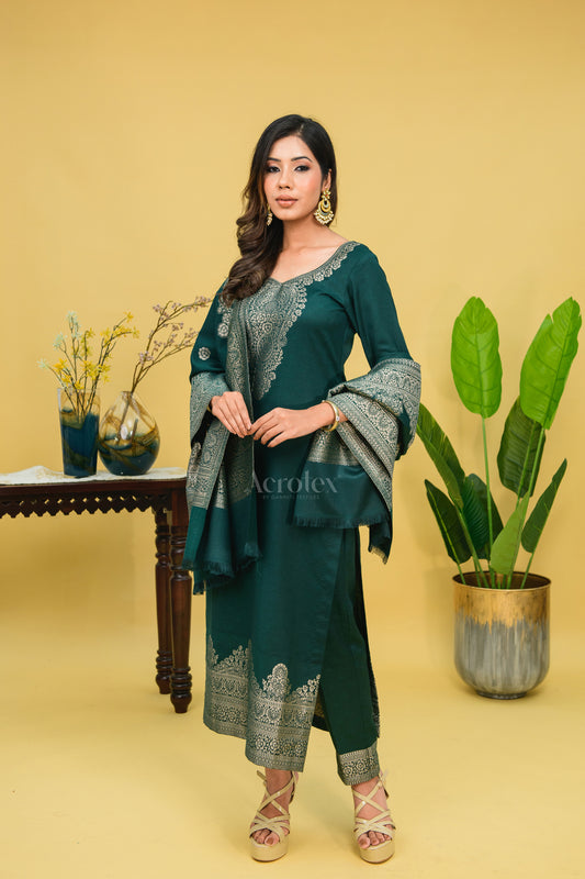 Royal Green Zari Fancy Woollen Suit Set
