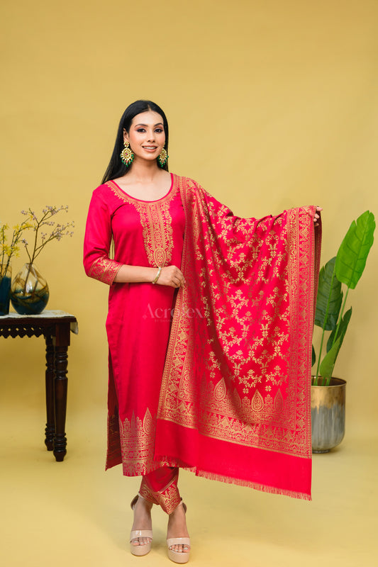 Rose Pink Gold Zari Punjabi Winter Suit Set