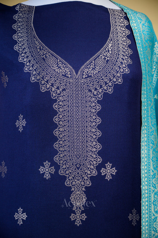 Royal Blue Zari Unstitched Woollen Kani Suit Set