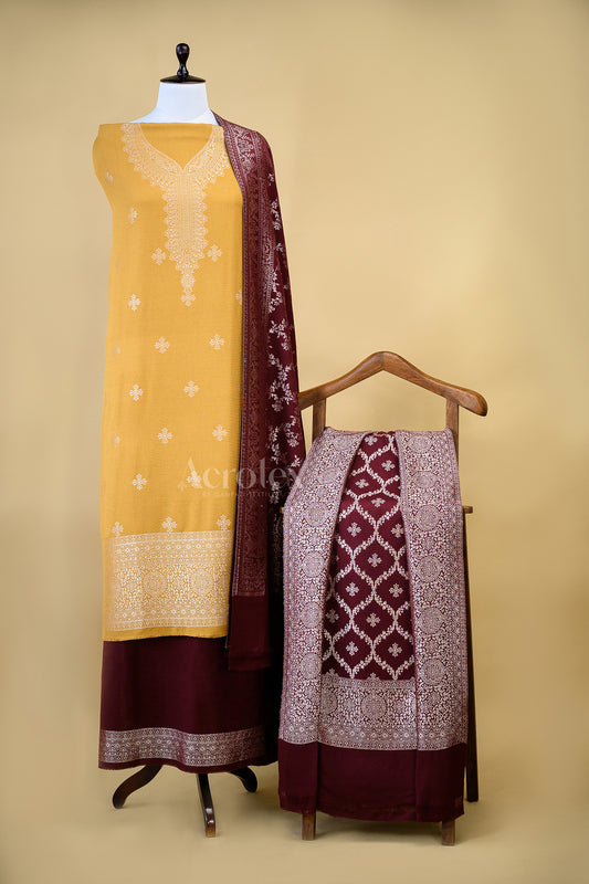 Yellow Zari Kani Wollen Unstitched Suit Set