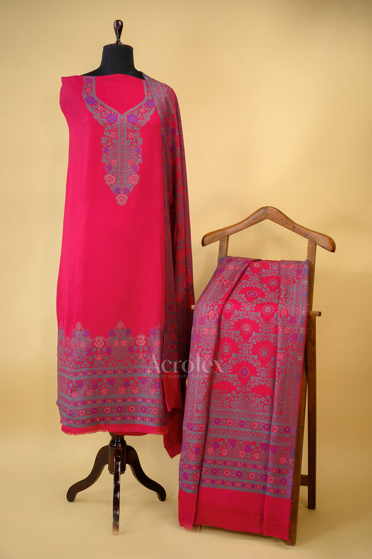 Pink Floral Thread Work Woollen Unstitched Suit Set