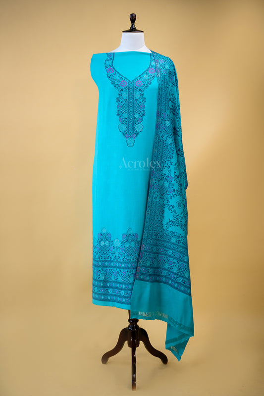 Blue Floral Thread Work Woollen Suit Set